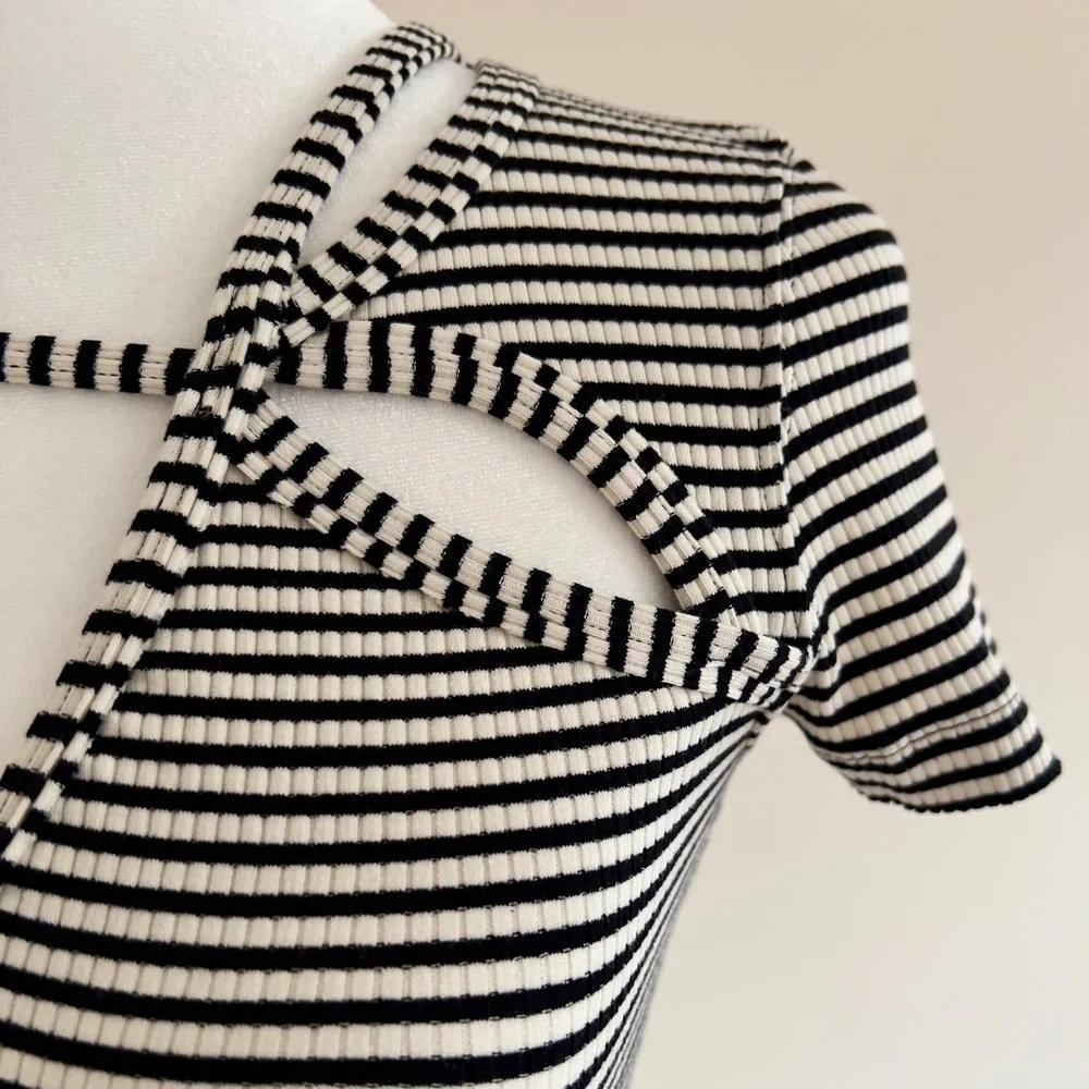 Free People, black and white striped T shirt with pretty cut-outs at neckline - Picture 4 of 10